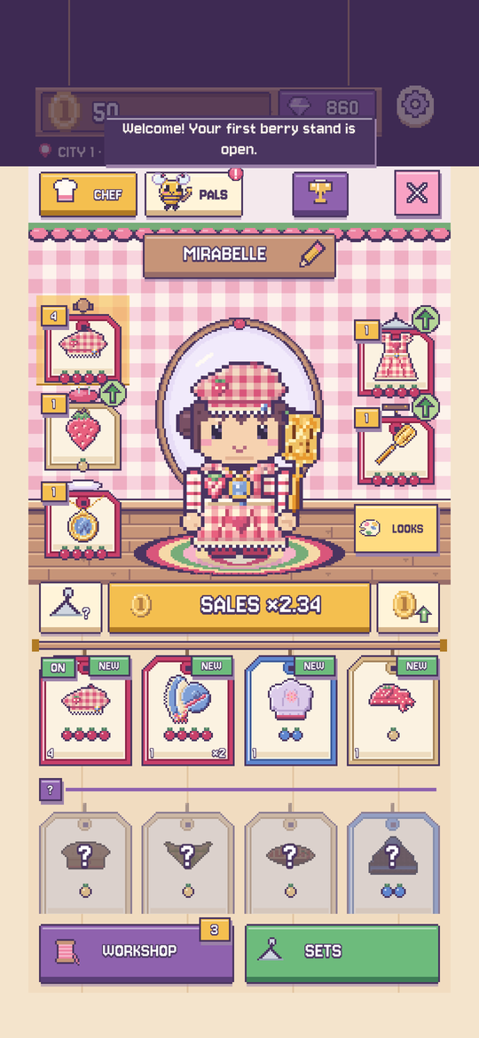 The chef's dressing room, with hats and aprons on pegs.